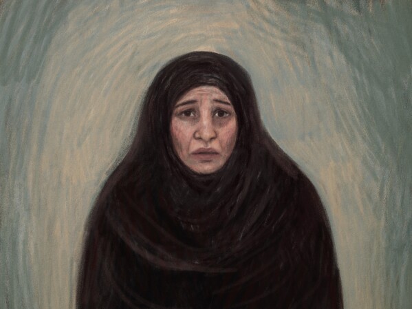 A court sketch depicts Zeinab Ahmed during her bail application in Melbourne, Austrlaia, Friday, May 8, 2026, after Ahmed was charged with slavery and terrorism offenses after arriving home from Syria. (Anita Lester/AAP Image via AP)
